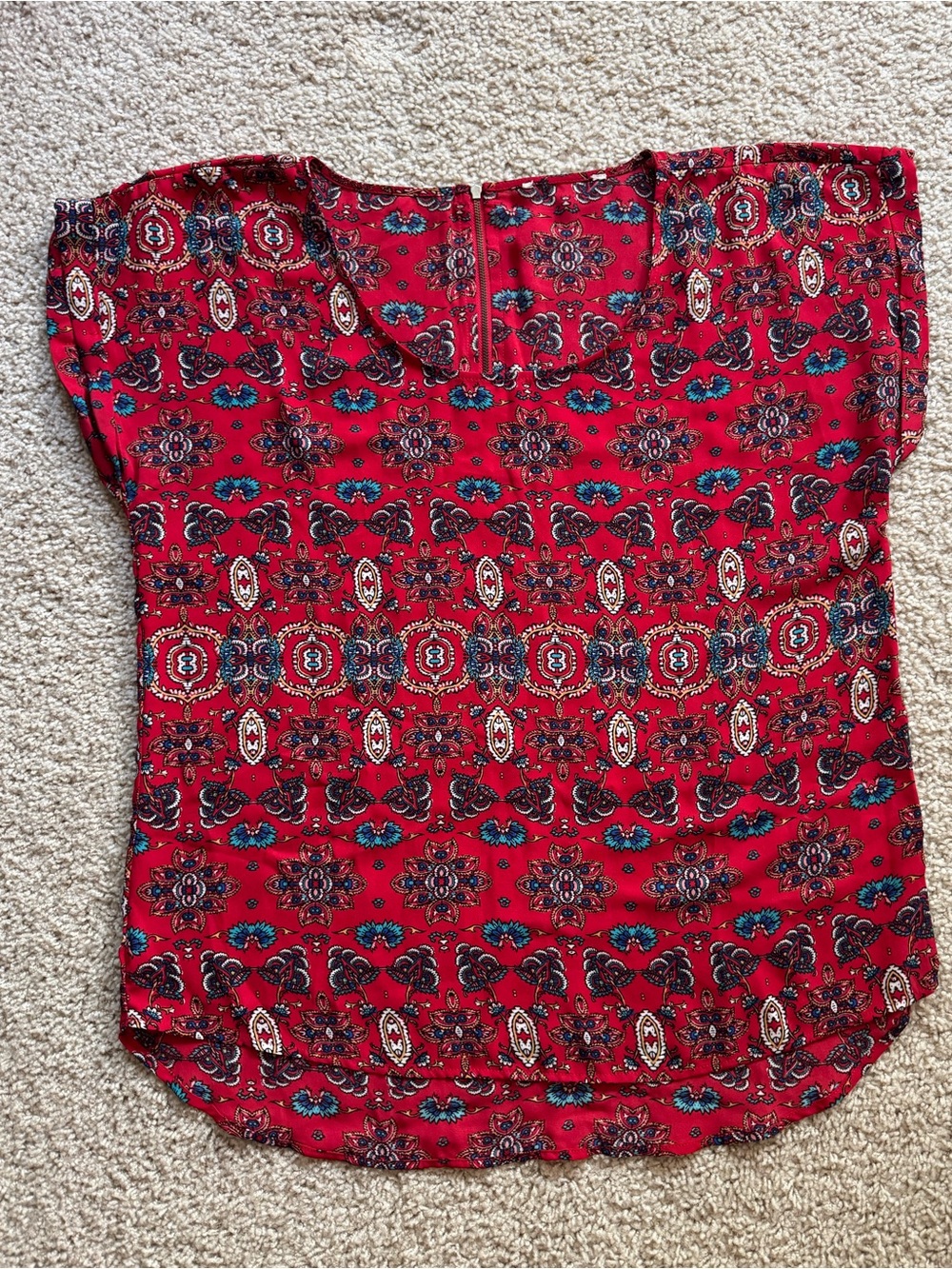 Boho Red Printed Cap-Sleeve Women's Top